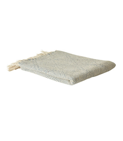 Dejlig blødt tæppe i bomuld - Speedtsberg plaid i flot mønster med blå og råhvid farve.