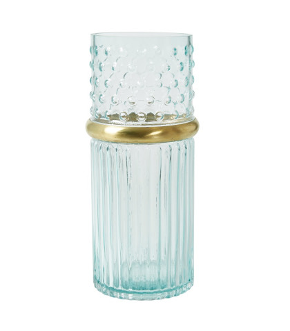 Glasvase med lækre detaljer. Speedtsberg glasvase i en flot lyseblå farve. Glasvasen har mønster i glasset, og en flot ring rundt midt på vasen.