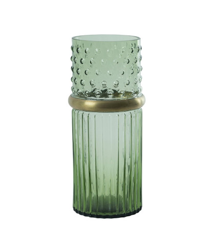 Grøn glasvase med skønne detaljer. Speedtsberg glasvase med en metalring rundt om.