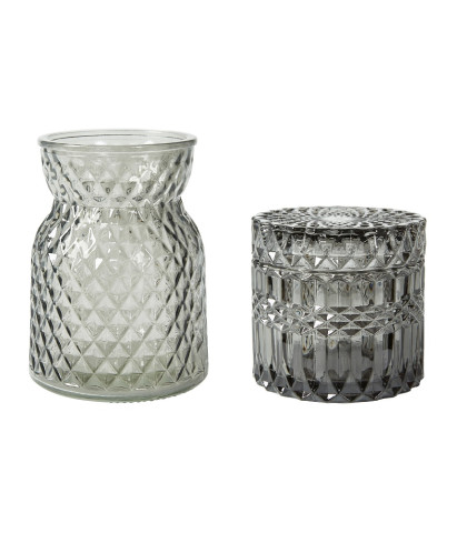 Speedtsberg grå glasvase og mørkegrå glas-krukke med låg. Sampak med både vase og krukke fra Speedtsberg.