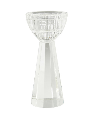 Glaslysestage som både passer til fyrfadslys og kronelys. Speedtsberg lysestage i klart glas med smukt design og udtryk.