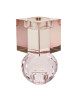 Smuk vendbar glas-lysestage i en sart lys rose-farve. Speedtsberg lysestage med kugle og  firkant ovenpå hinanden.