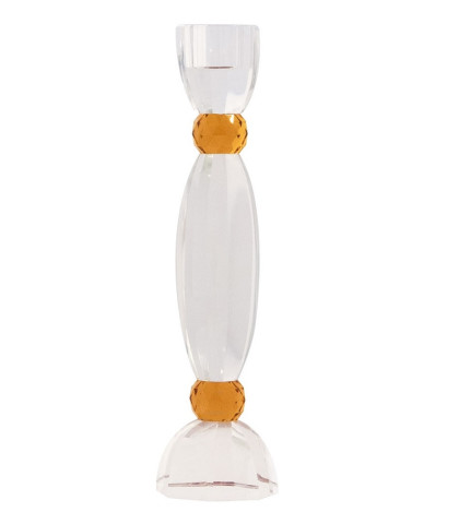 Elegant glasstage til kronelys. Glaslysestage med stilfulde detaljer og mix af amber-farvet og klart glas.