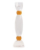 Elegant glasstage til kronelys. Glaslysestage med stilfulde detaljer og mix af amber-farvet og klart glas.