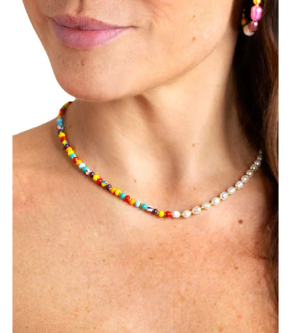 Beaded halskæde med 2 sider - en side med farvede perler og en side med hvide perler
