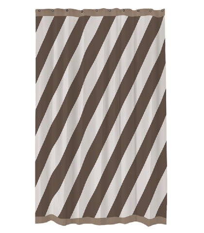 Mette Ditmer badeforhæng med fine diagonale striber i varme brun- og off-white nuancer.