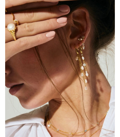 Meget smukke og feminine øreringe i tidløst design. Aqua Dulce Sinna Pearl øreringe med Aqau Marine sten og rå hvide ferskvandsperler. Øreringene har let bevægelse, der fremhæver ansigtet, og de er perfekte til både hverdag og fest. 